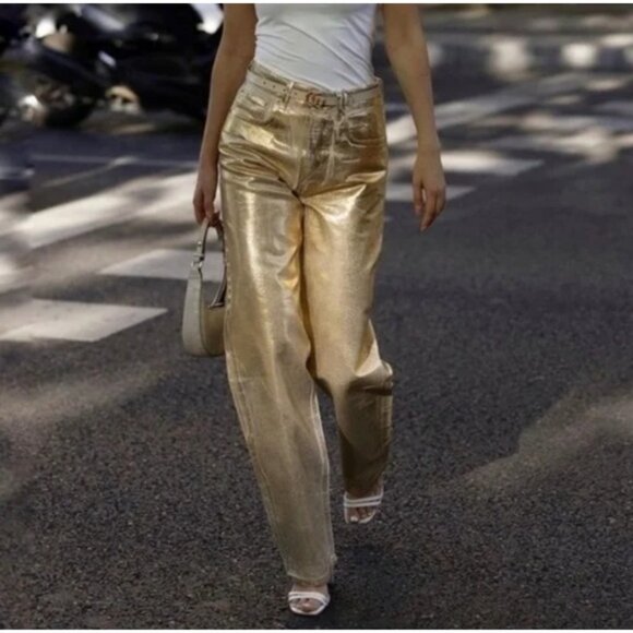 Zara gold metallic limited edition high rise boyfriend jeans - Picture 2 of 9